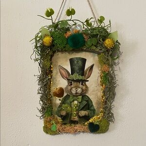 Whimsical Saint Patrick Rabbit Wall decor bunny green gold handcrafted border
